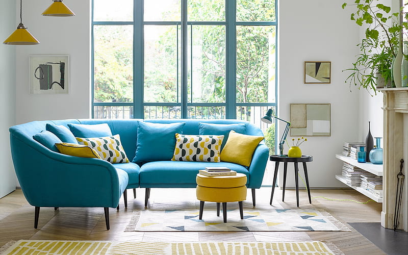 stylish interior, living room, blue sofa, retro interior style, living room project, HD wallpaper