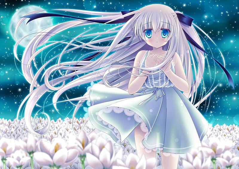 Flower Girl, pretty, cg, game, cute, moon, girl, flowers, long hair, night, HD wallpaper