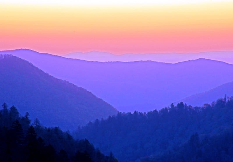 Smokey Mountain Sunset, red, romantic, yellow, sunset, purple, smokey, mountains, misty, blue, HD wallpaper