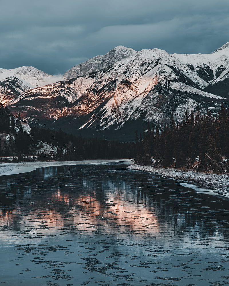 mountains, lake, snow, snowy, jasper, canada, HD phone wallpaper