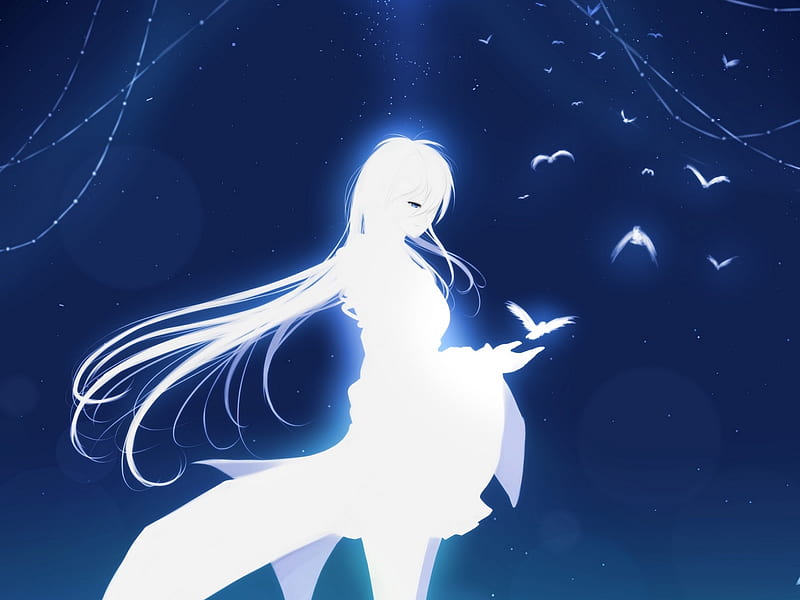 luminos, hieuen guyen, girl, bird, anime, pasari, white, blue, fantasy ...