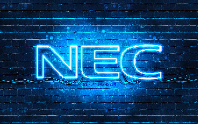 NEC blue logo blue brickwall, NEC logo, brands, NEC neon logo, NEC, HD wallpaper