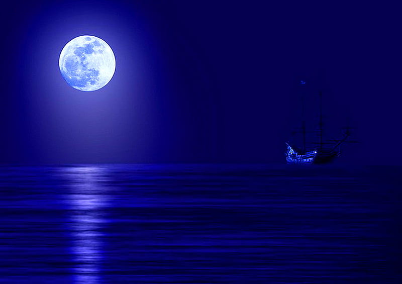 Beneath the moon, calm, ship, ocean, reflection, blue, night, HD wallpaper