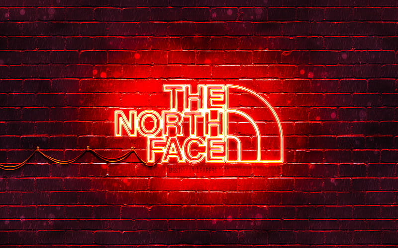 The North Face red logo, red brickwall, The North Face logo, brands, The North Face neon logo, The North Face, HD wallpaper