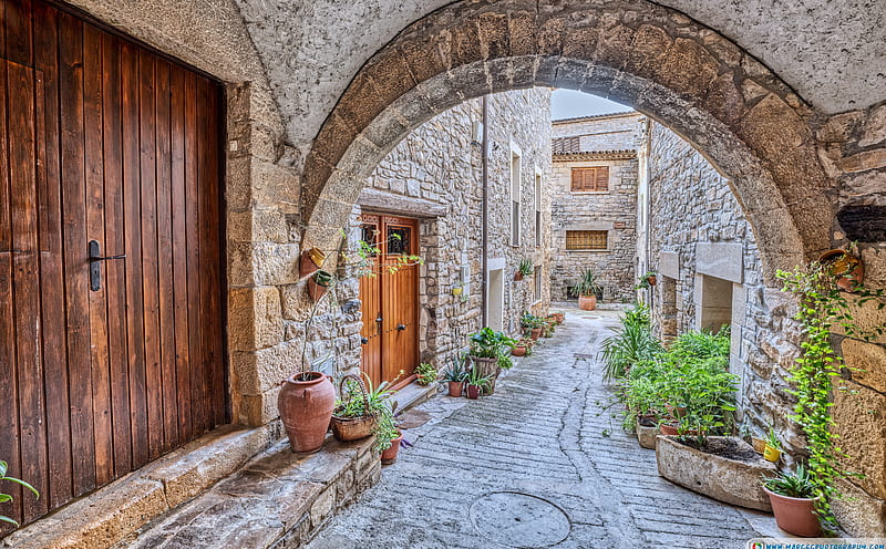 Carrer del Cacao Guimer, Catalonia Ultra, Europe, Spain, Travel, Door, Town, Street, Stone, Plants, Arch, Medieval, r, ancient, Arcade, historical, catalonia, tourism, lleida, guimera, urgell, marcgarrido, carrerdelcacao, valldelcorb, HD wallpaper