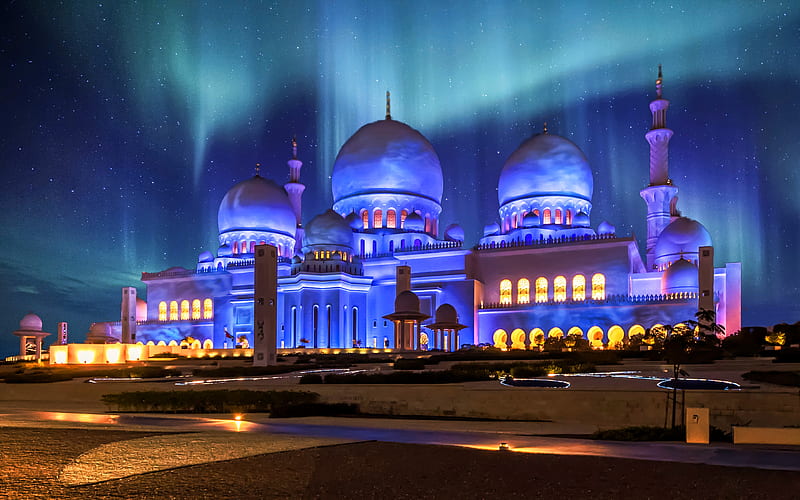 Sheikh Zayed Mosque, polar lights, Abu Dhabi, UAE, nightscapes, United Arab Emirates, The Sheikh Zayed Grand Mosque, HD wallpaper