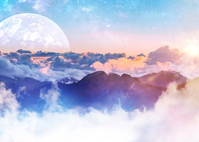 mountains, clouds, moon, height, overview, landscape, HD wallpaper