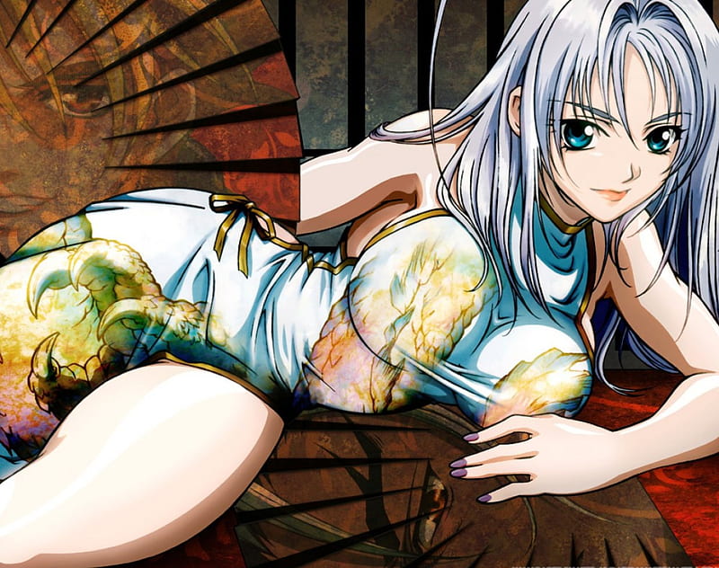 closed eyes, long hair, inked girls, cleavage, anime, Tenjou Tenge