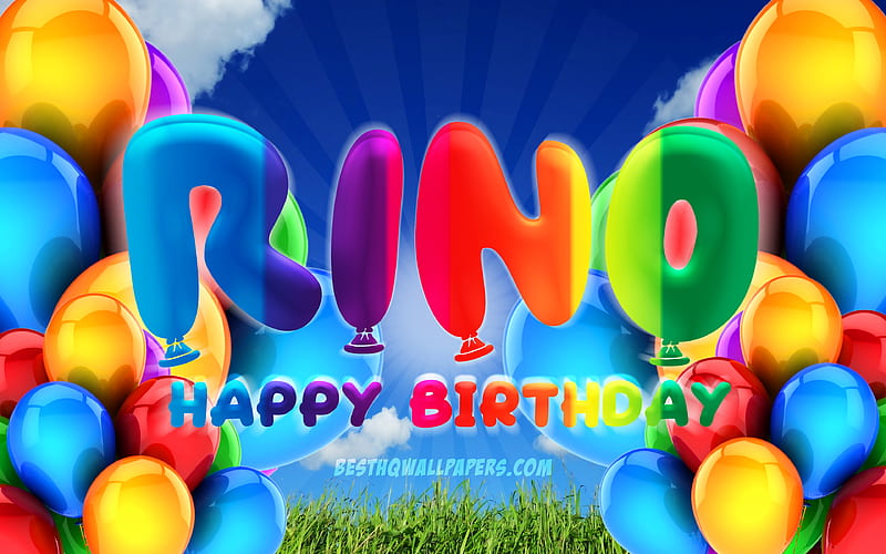 Rino Happy Birtay cloudy sky background, female names, Birtay Party, colorful ballons, Rino name, Happy Birtay Rino, Birtay concept, Rino Birtay, Rino, HD wallpaper