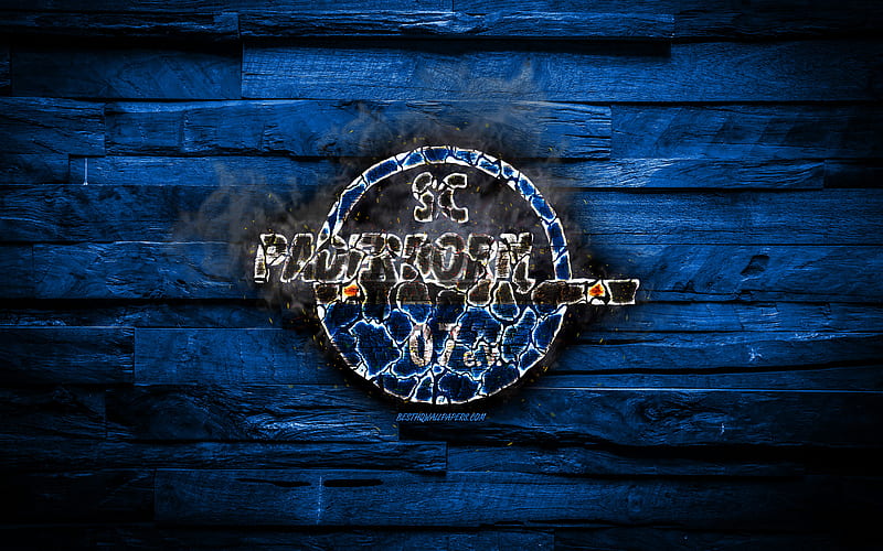 Paderborn FC, burning logo, Bundesliga 2, blue wooden background, german football club, grunge, SC Paderborn 07, football, soccer, Paderborn logo, fire texture, Germany, HD wallpaper