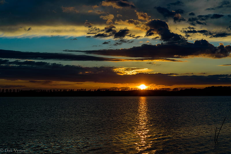 lake, sunset, clouds, dusk, dark, ripples, HD wallpaper