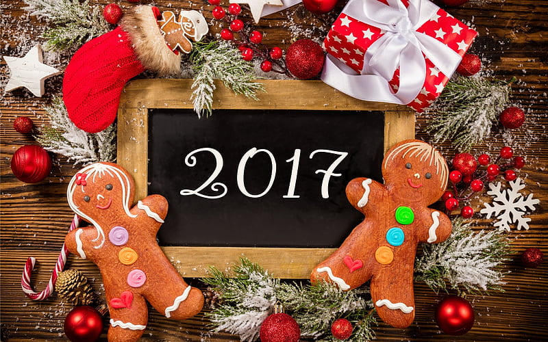 New Year, 2017, New Year cookies, Christmas, Christmas decoration, HD wallpaper