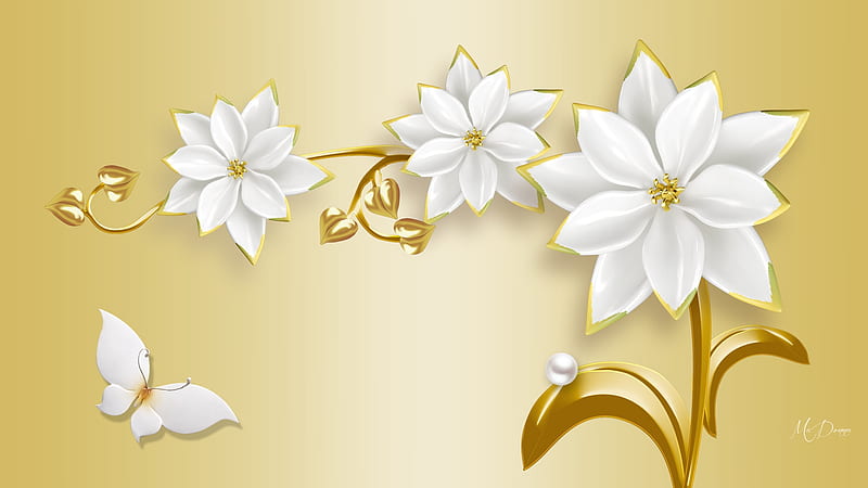 Gold & Pearls, floral, Firefox theme, gold, butterfly, flowers, blossoms, pearls, HD wallpaper