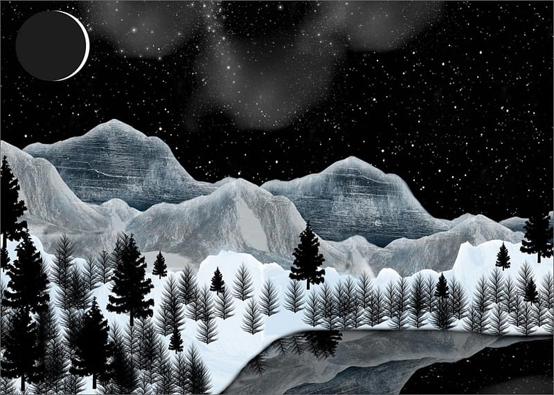 A COLD WINTER'S NIGHT, stars, trees, sky, winter, cold, moon, snow, mountains, night, HD wallpaper