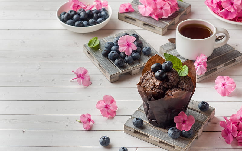 :-), flower, cup, pink, muffin, food, chocolate, sweet, dessert, fruit, cupcake, coffee, blueberry, HD wallpaper