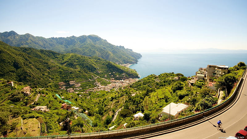 view to a coastal italian village, hills, village, view, coast, HD wallpaper