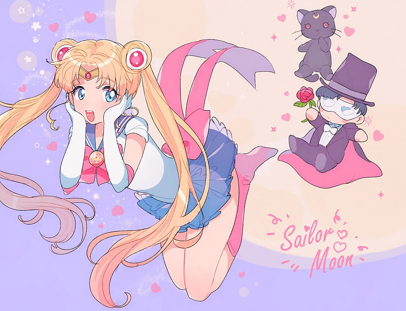Sailor Moon, sweet, love, anime, beauty, long hair, art, tuxedo mask, lovely, skirt, black, man, cat, prety, cute, white, red, rose, boots, woman, moon, pink, blue, couple, shirt, stars, female, male, moon, ue, blonde hair, twintails, soft, girl, funny, lady, HD wallpaper