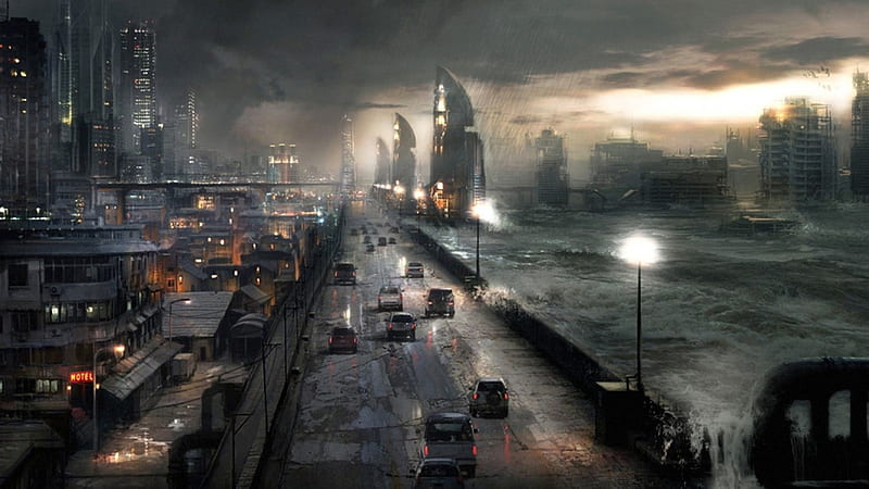Apocalyptic City, city, highways, water, 3D, apocalyptic, flood, HD wallpaper