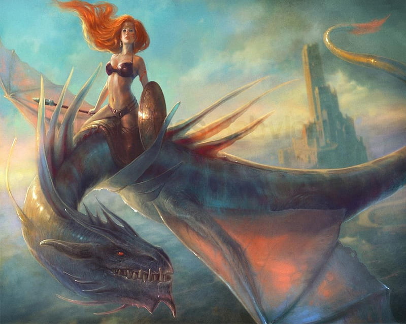 Dragon Rider, spear, red head, dragon, castle, woman, HD wallpaper
