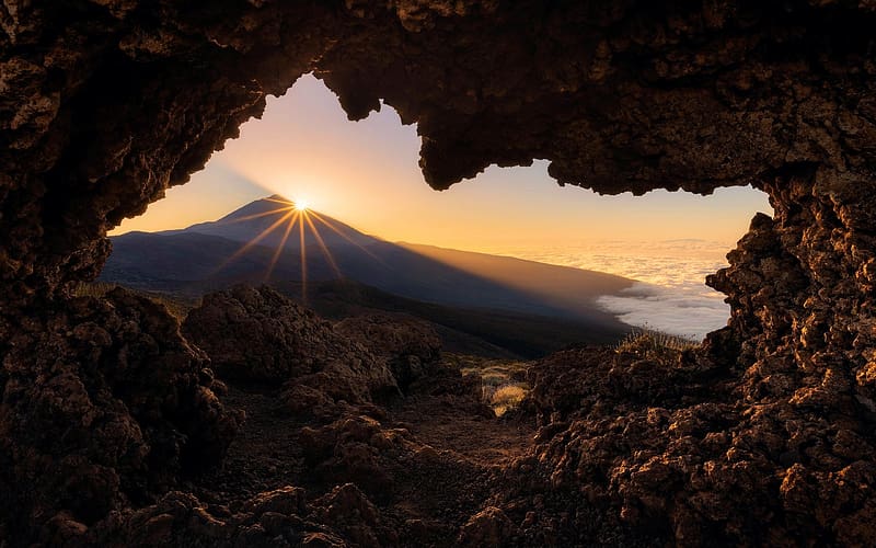 Tenerife, Canary Islands, sea, cave, rocks, sunset, spain, HD wallpaper