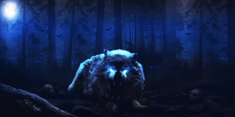 white wolf, scary, night, dark forest, monster, Fantasy, HD wallpaper