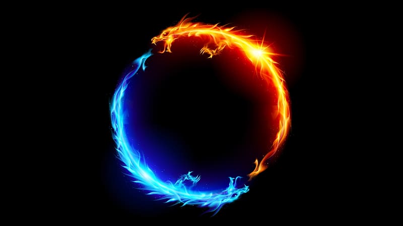 Yin Yang, fire, blue, black, fantasy, dragon, orange, HD wallpaper