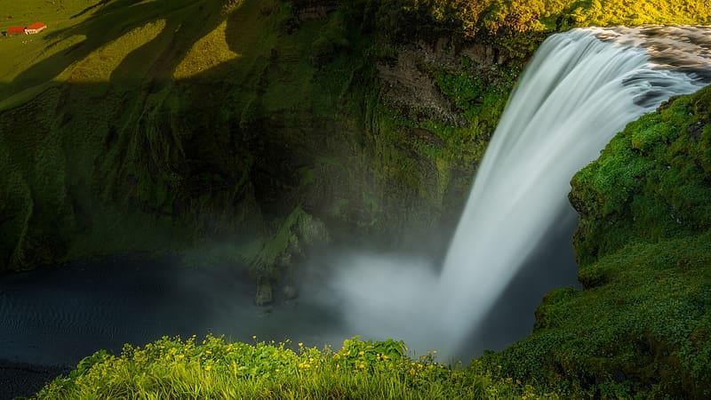 Skogafoss Waterfall, Iceland, river, trees, rocks, cascade, plants, HD wallpaper