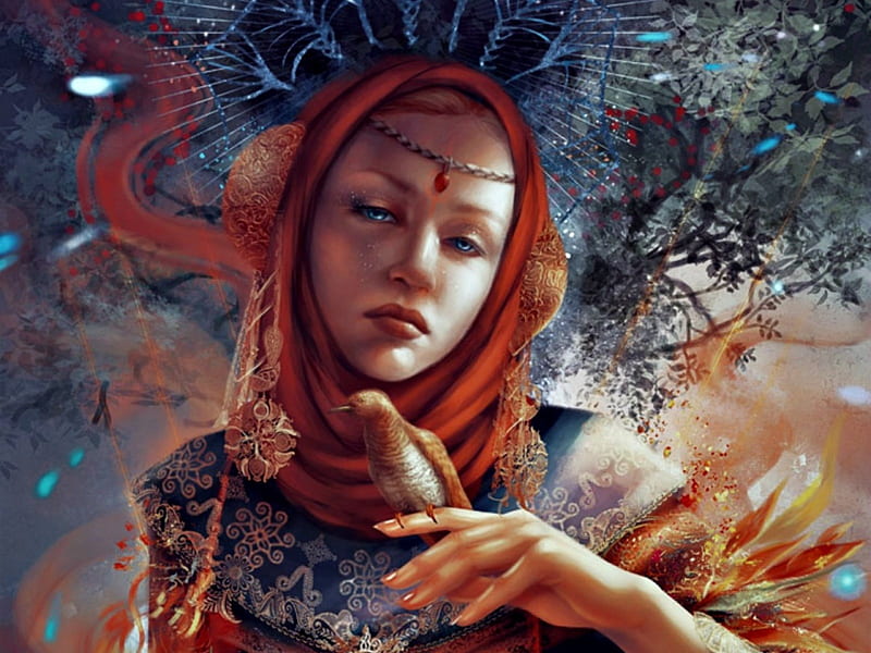 Moon Goddess, art, orange, blue redhead, woman, vasylina, fantasy, girl, bird, face, portrait, HD wallpaper