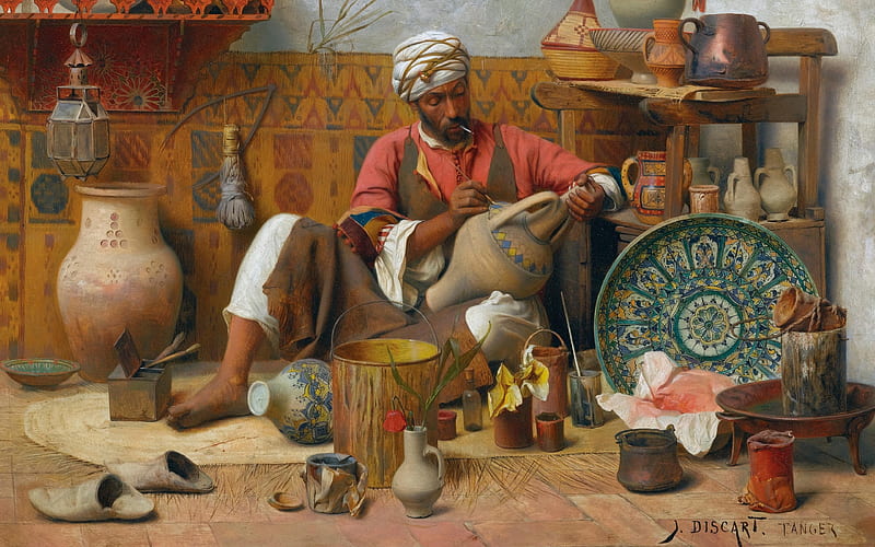 The Pottery Workshop, art, jean discart, luminos, painting, pottery workshop, man, pictura, 1910, HD wallpaper