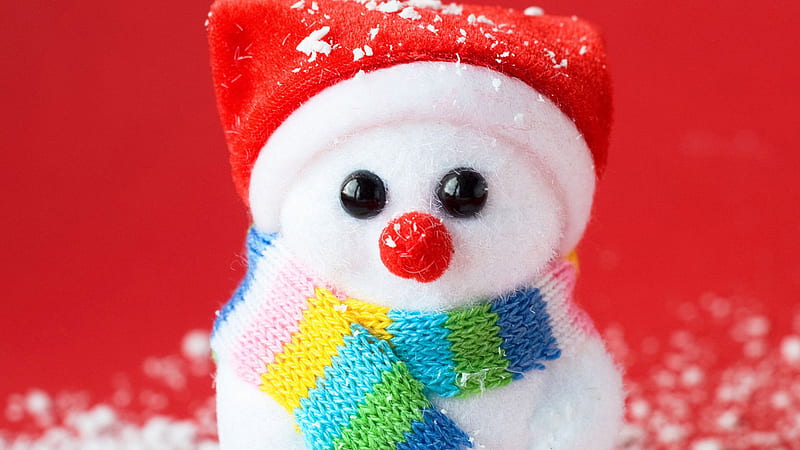 Snowman With Santa Cap Toy In Red Background Cute Christmas, HD wallpaper