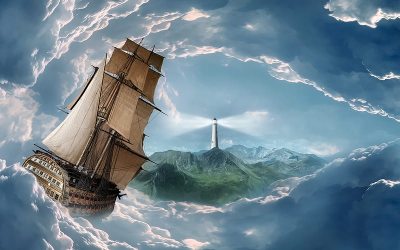 sails in a storm, ocean, tallship, land, storm, lighthouse, HD wallpaper