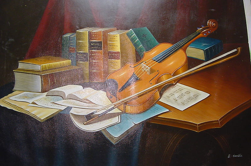 The Art Of Music, table, musicians, violin, books, music, notes, bow, handcrafted, masterpiece, beauty, desk, HD wallpaper