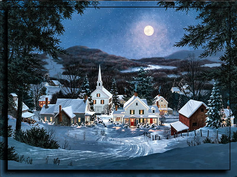 Blue Moon F+Cmp, art, cityscape, church, trees, artwork, winter, snow, painting, moonlight, village, scenery, blue, HD wallpaper
