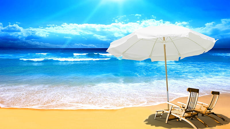 Summer Day At The Beach, sun, Summer, ocean, umbrella, waves, clouds, beach, sand, water, chairs, sun rays, HD wallpaper
