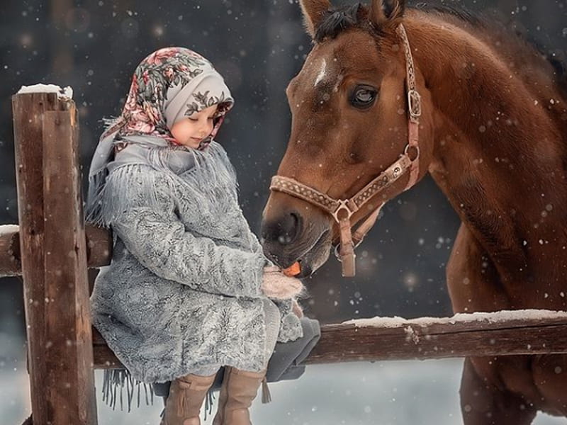 we are friends, child, girl, horse, animal, HD wallpaper