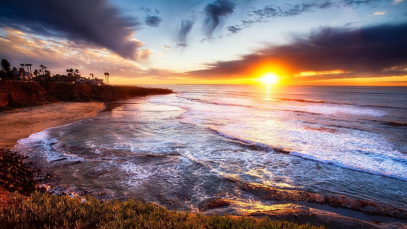 wonderful pacific sunset over san diego r, beach, city, bluff, r, sunset, sea, HD wallpaper