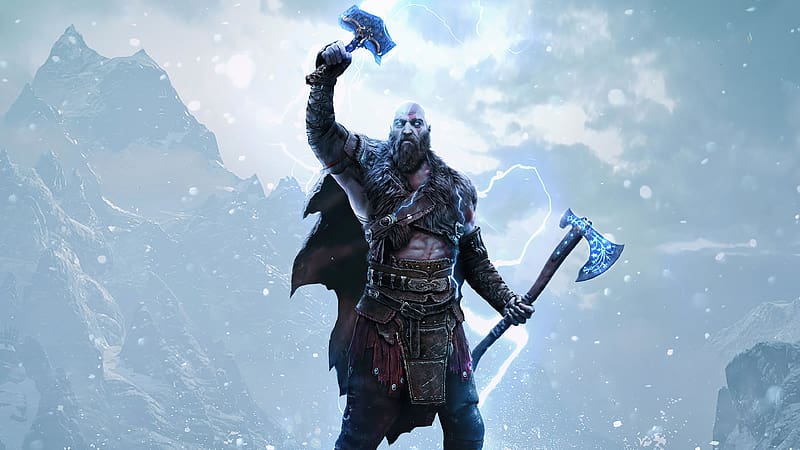 God of war Ragnarok, kratos with hammer and sword, 2023, HD wallpaper