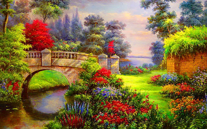 Vibrant flowers bridge, painting, flowers, river, bridge, HD wallpaper