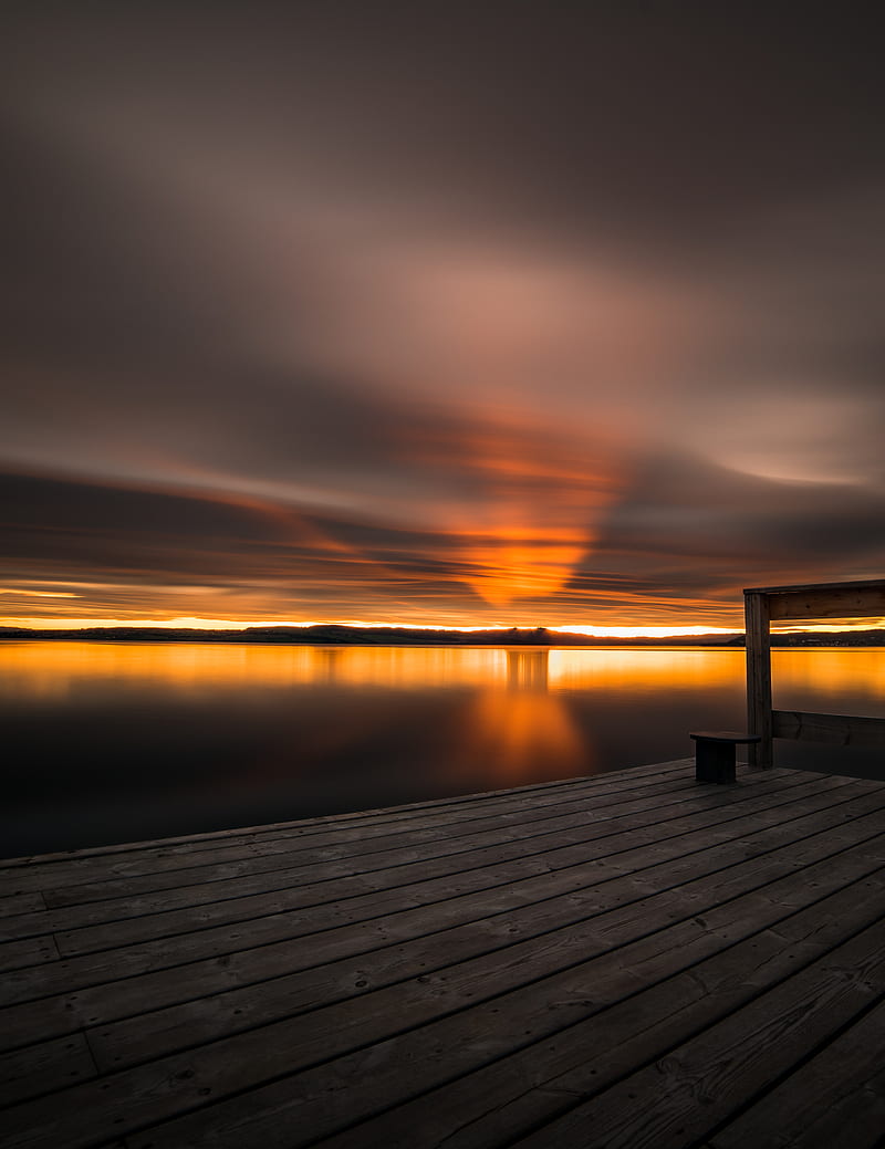 sunset, horizon, pier, sky, HD phone wallpaper