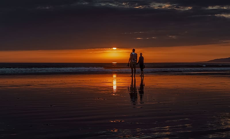 Sunset, summer, sea, orange, water, vara, beach, silhouette, couple, HD wallpaper