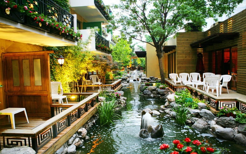 Beautiful place, flowers, river, plants, balcony, HD wallpaper
