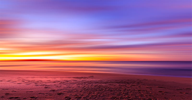 Purple Sky Beach Sunset Sand Footprints, purple, sky, nature, sunset, beach, HD wallpaper