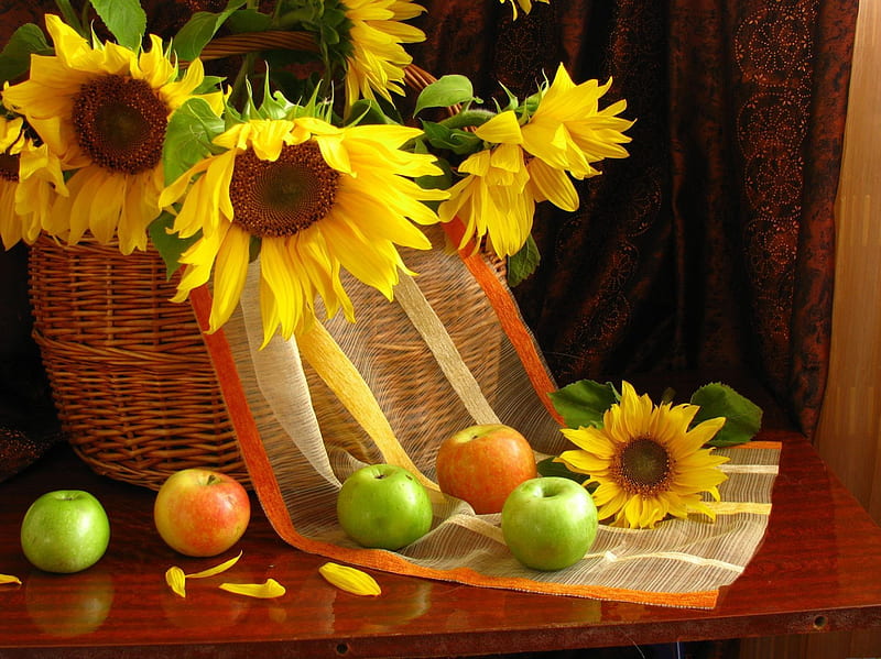 Apples and sunflowers, apple, flower, sunflower, basket, HD wallpaper Apples and sunflowers, apple, flower, sunflower, basket, HD wallpaper