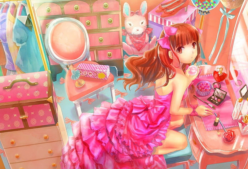 Make-Up, perfume, dress, divine, bottle, bonito, sublime, lipstick, elegant, furniture, anime, hot, beauty, anime girl, room, chair, long hair, gorgeous, female, brown hair, ribbon, gown, sexy, brown eyes, make up, cute, girl, makeup, cupboard, HD wallpaper