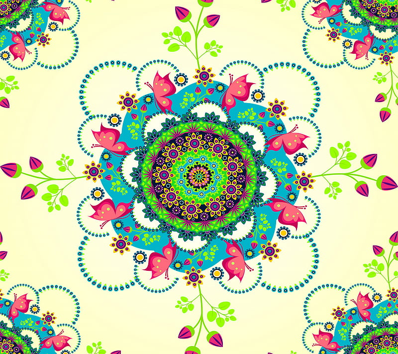 Mandala Flowers, abstract, butterflies, floral, pattern, summer, HD wallpaper