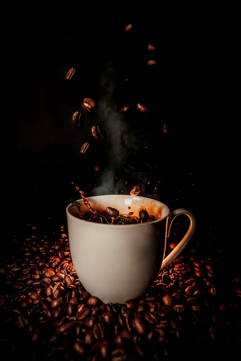 Cup, coffee, coffee beans, splash, steam, HD phone wallpaper | Peakpx