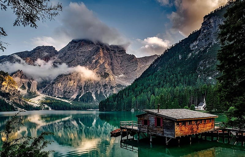 Stunningly Beautiful, nature, cabin, lake, mountain, water, scenery, HD wallpaper