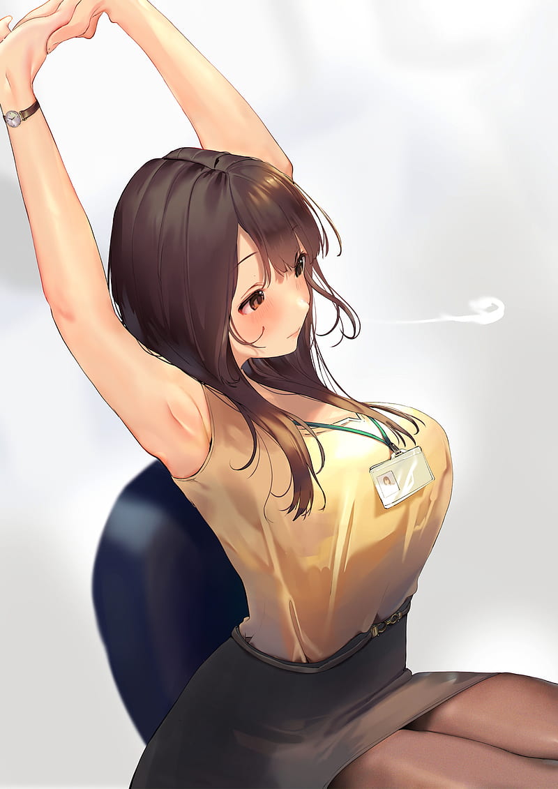 anime, anime girls, original characters, office girl, arms up, stretching, watch, brunette, profile, blushing, brown eyes, miniskirt, pantyhose, simple background, portrait display, vertical, artwork, 2D, illustration, drawing, digital art, Pixiv, armpits, HD phone wallpaper