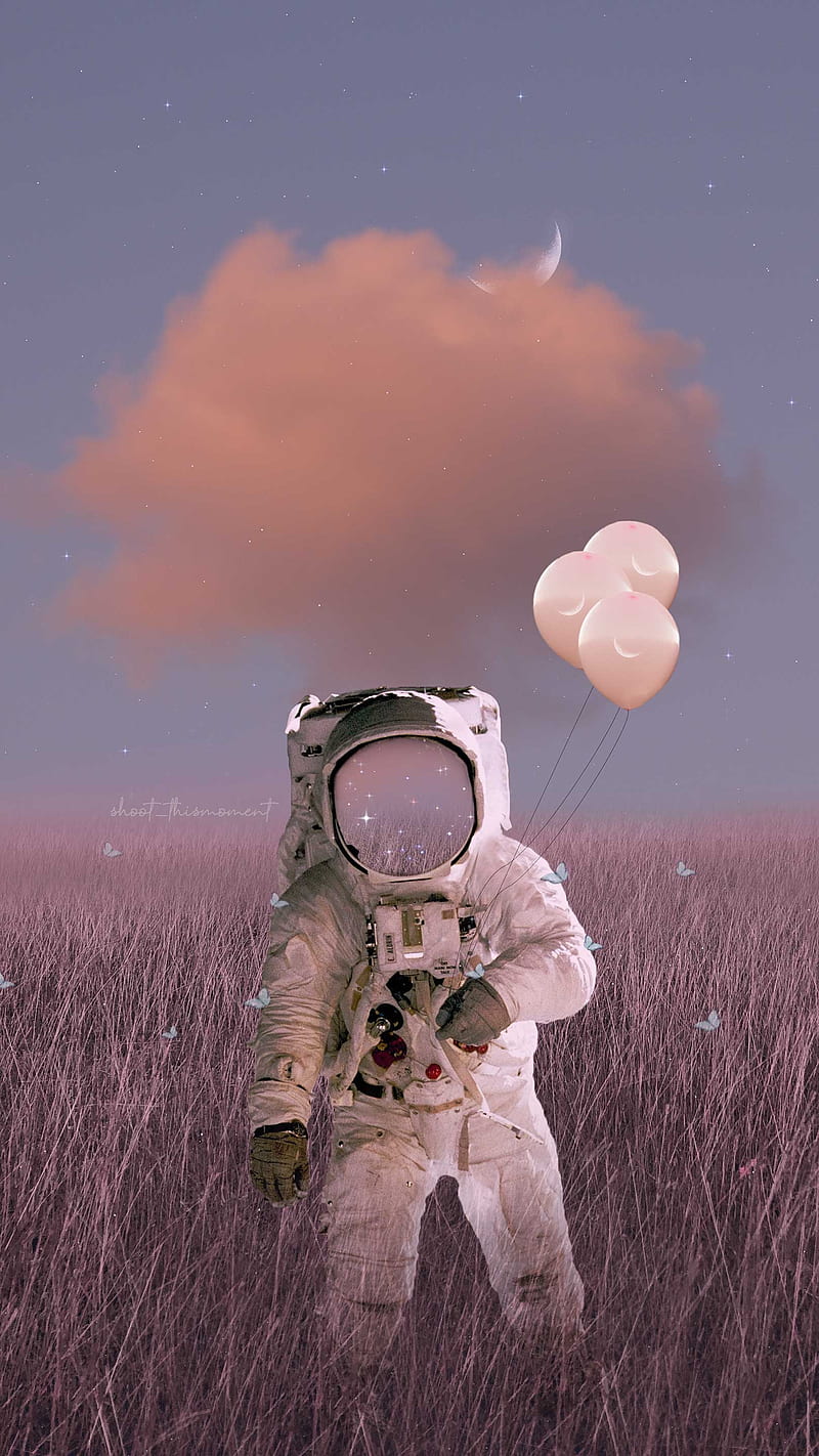 Astronaut, aesthetic, astronomy, balloons, butterflies, cloud, cosmic, crescent, dream, dreamscape, dreamy, field, moon, pink, shoot_thismoment, space, space art, spaceman, surreal, surrealism, universe, HD phone wallpaper