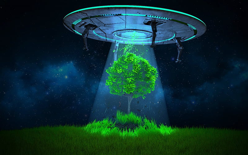 aliens, tree, ufo, night, starry sky, HD wallpaper